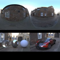 cobbled side street spherical hdri map for 3D rendering