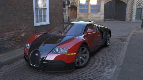bugatti veyron 3D render on cobbled street hdri map