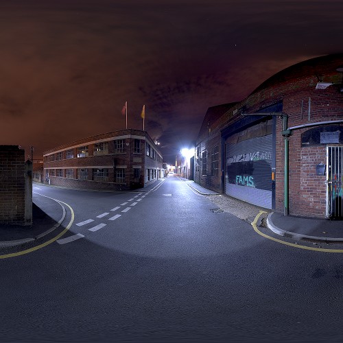Urban street at night spherical hdri map for 3d rendering